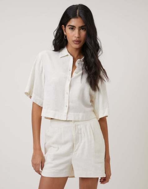 Nobody's Child Linen-blend cropped shirt in cream - view 1