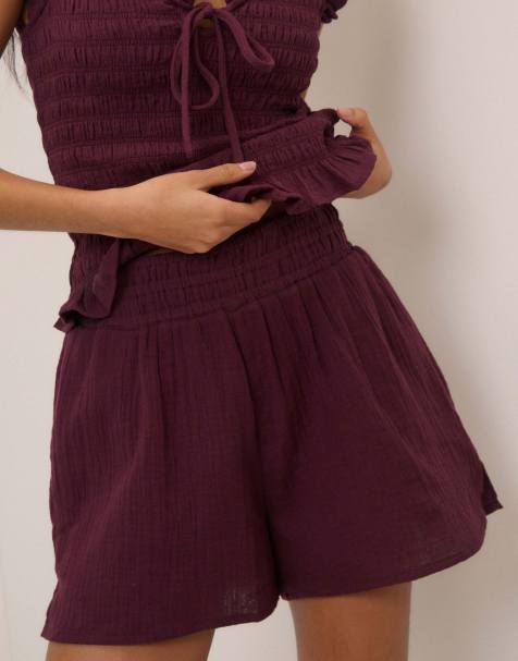 Nobody's Child Linen-blend elasticated waist shorts in purple - view 1