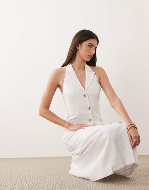 Nobody's Child linen blend halter neck collar detail tailored midi dress in white - view 1