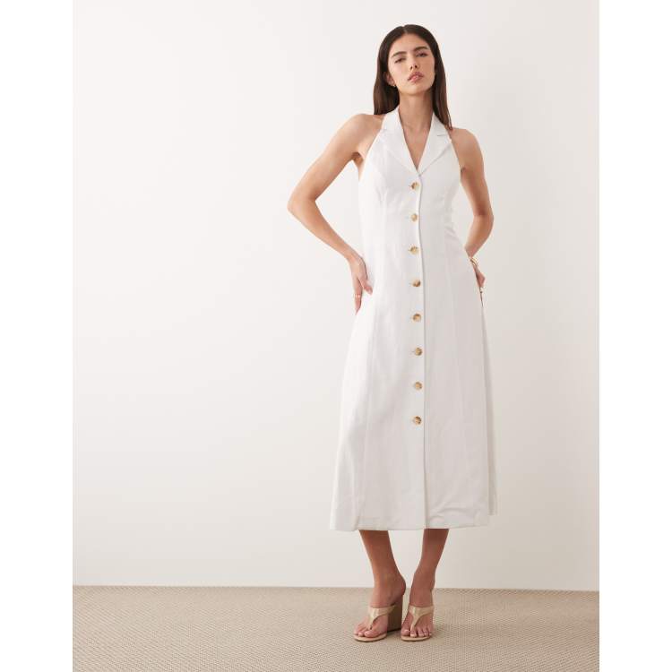 Nobody's Child linen blend halter neck collar detail tailored midi dress in  white | ASOS