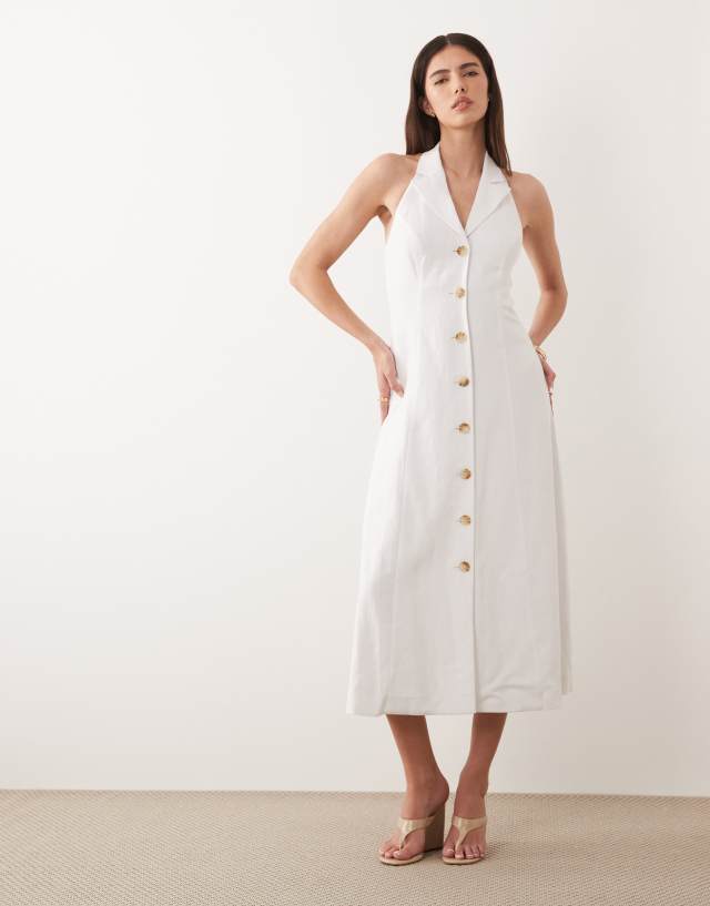 white collared halter dress Nobody's Child linen blend neck collar detail tailored midi in Sleeve Style_Bishop Sleeves