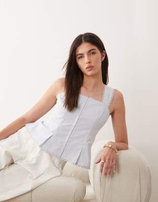 Nobody's Child Linen Blend Peplum Pleat Detail Top In Blue