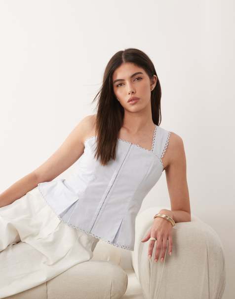 Nobody's Child linen blend peplum pleat detail top in pale blue - view 1