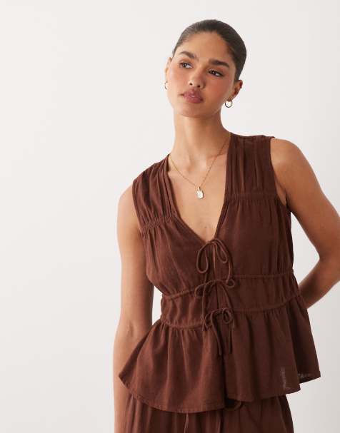 Nobody's Child linen blend ruched tie front top co-ord in chocolate - view 1