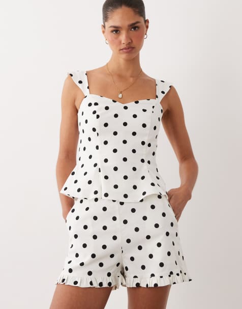 Nobody's Child linen blend ruffle hem shorts white polka dot - part of a set - view 1