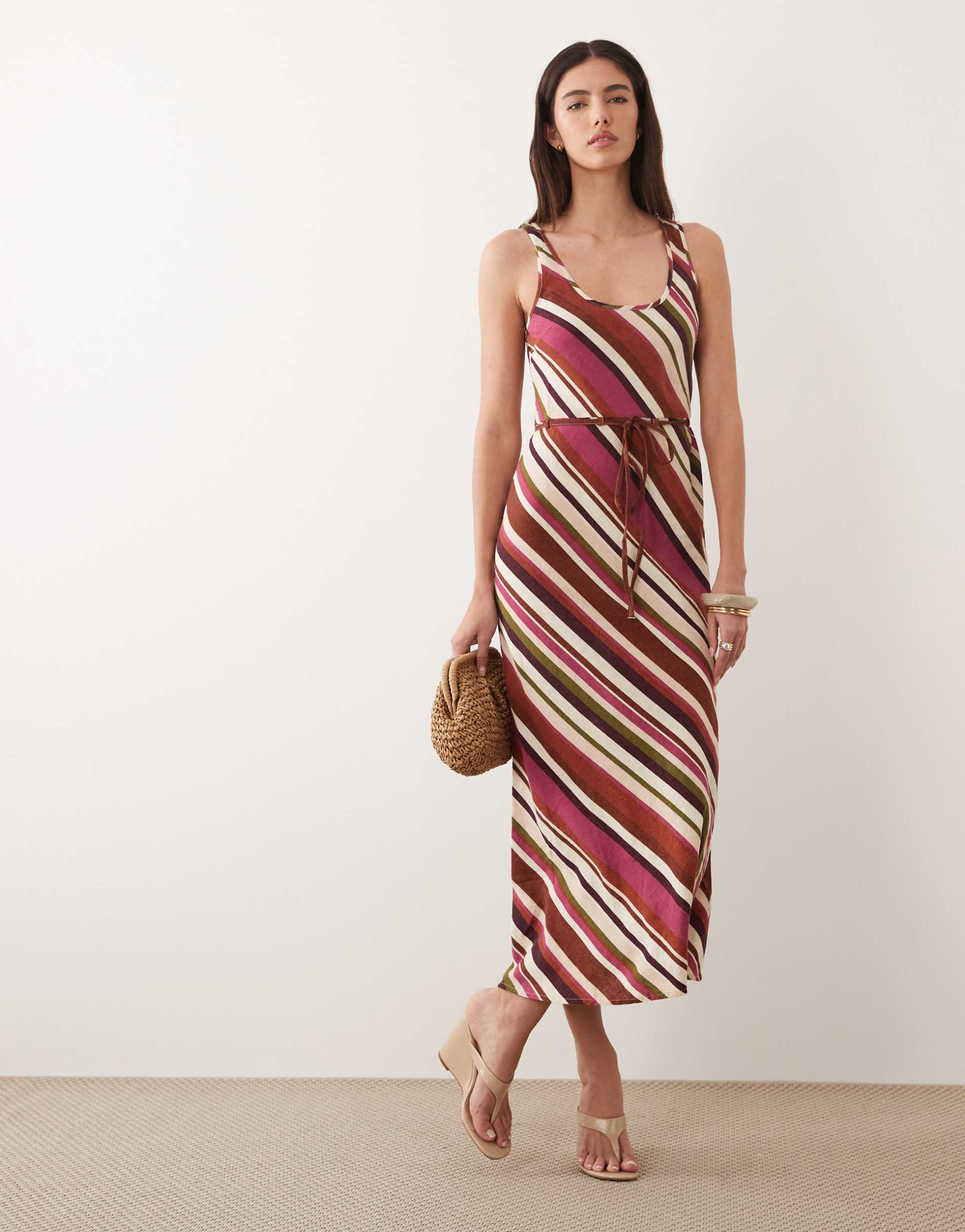nobody's child linen blend scoop neck sleeveless tie waist midi dress in multi striped print