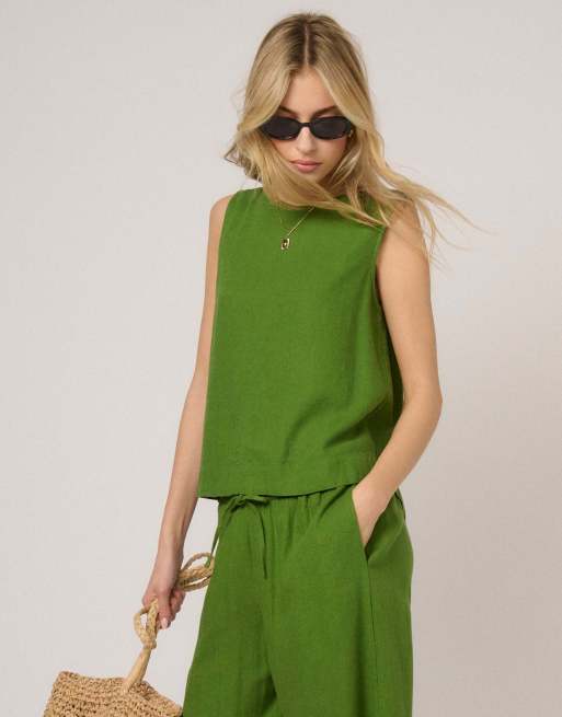 Nobody's Child Linen-blend sleeveless swing top in green, 4 of 5
