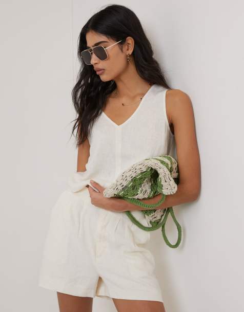 Nobody's Child Linen-blend v-neck cropped top in cream - view 1