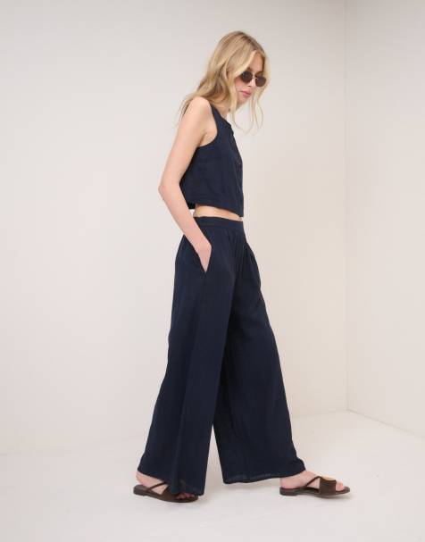 Nobody's Child Linen-blend wide leg trousers in blue - view 1