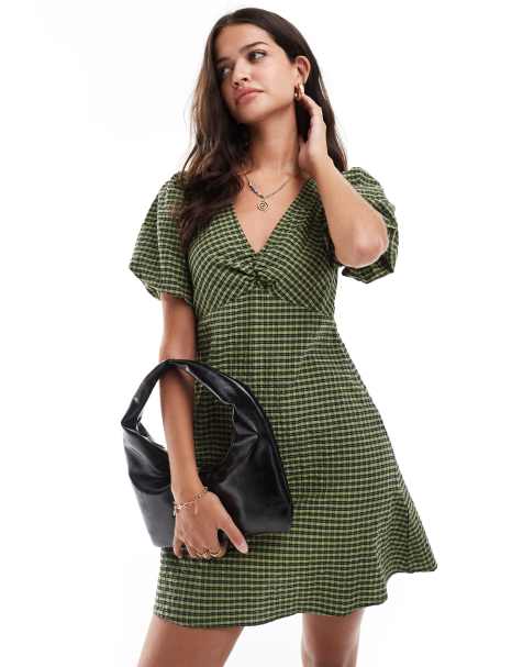 Nobody's Child - Liza - Mini jurk met pofmouwen en gingham ruit in groen - view 1