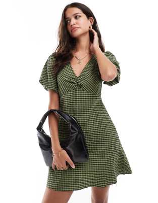 Liza puff sleeve mini dress in green gingham-Multi