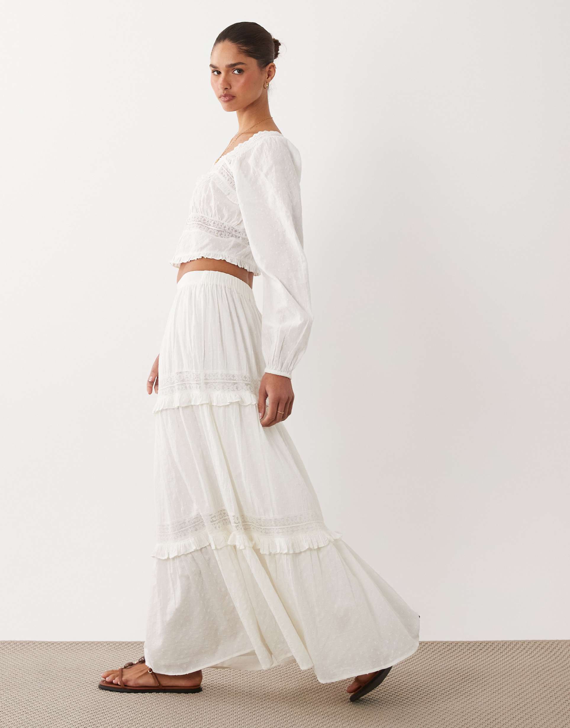 nobody's child lola 100% cotton lace detail tiered maxi skirt in white - part of a set