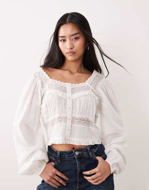 Nobody's Child Lola cotton square neck puff sleeve lace insert top in white - view 1