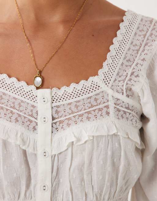 Nobody's Child Lola cotton square neck puff sleeve lace insert top in white, 2 of 4