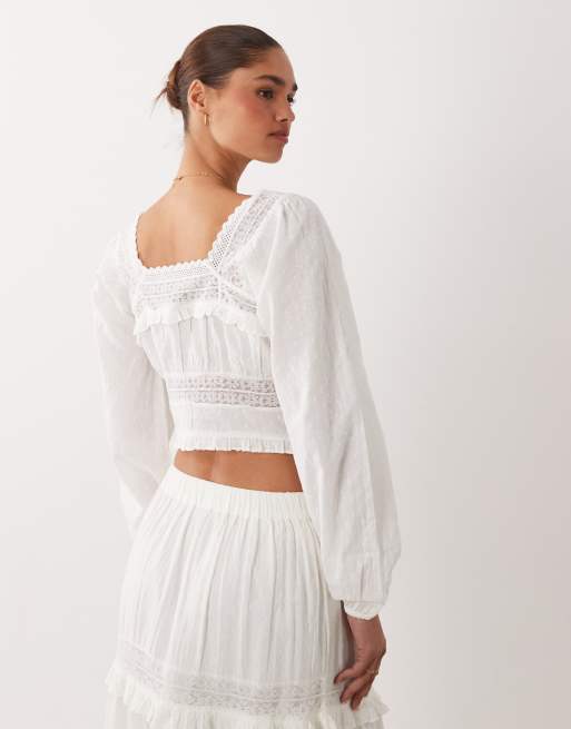Nobody's Child Lola cotton square neck puff sleeve lace insert top in white, 3 of 4