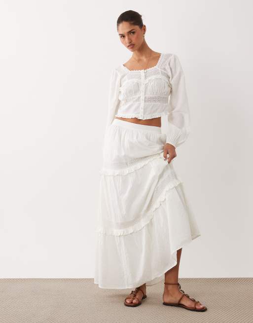Nobody's Child Lola cotton square neck puff sleeve lace insert top in white, 4 of 4