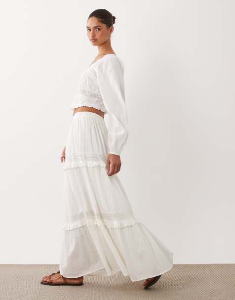 Nobody's Child - Lola - Maxi rok van 100% katoen met kanten detail en stroken in wit, deel van co-ord set - view 1