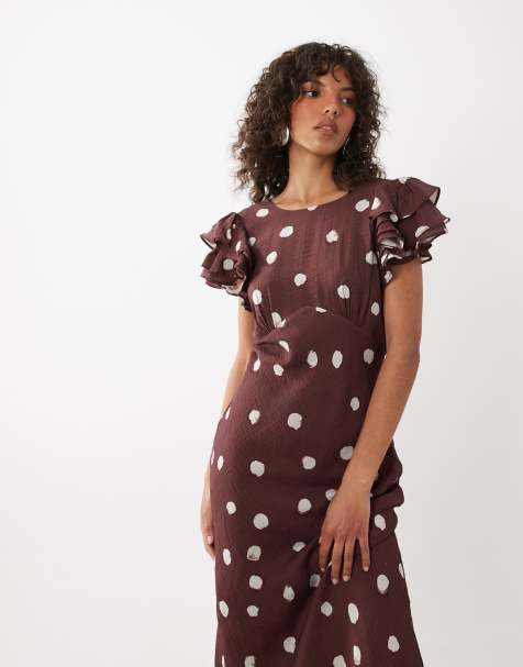 Nobody's Child Lola reversible v neck flutter sleeve midi dress in brown polka dot - view 1
