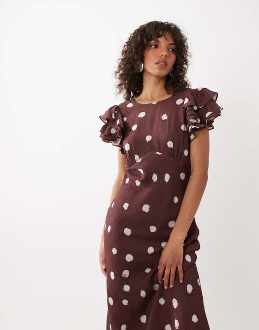 Nobody's Child - Lola - Robe mi-longue à pois avec manches évasées et dos échancré en V - Marron, 3 de 4