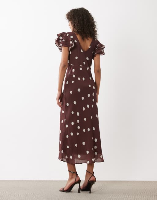 Nobody's Child - Lola - Robe mi-longue à pois avec manches évasées et dos échancré en V - Marron, 4 de 4