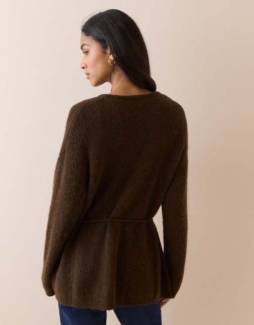 Nobody's Child Long line wrap cardigan in brown, 2 of 5