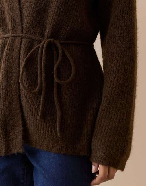 Nobody's Child Long line wrap cardigan in brown, 3 of 5