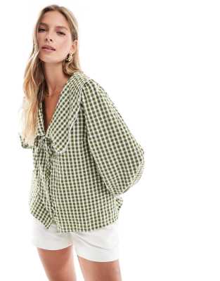 Nobody's Child long sleeve birdie blouse in sage gingham-Green