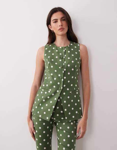 Nobody's Child Longline button down waistcoat co-ord in polkadot green - view 1