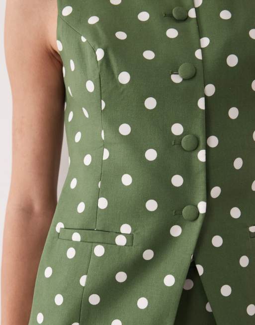 Nobody's Child Longline button down waistcoat co-ord in polkadot green, 3 of 4