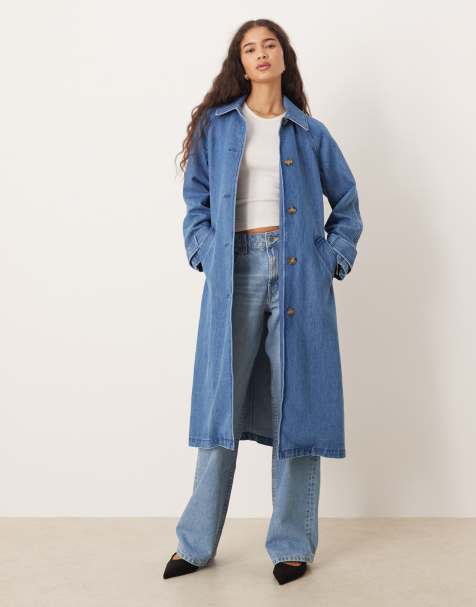 Nobody's Child longline denim collar trench coat in mid wash - view 1