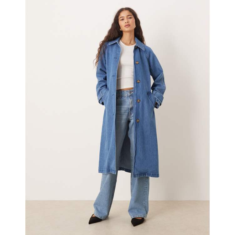 Nobody's Child longline denim collar trench coat in mid wash