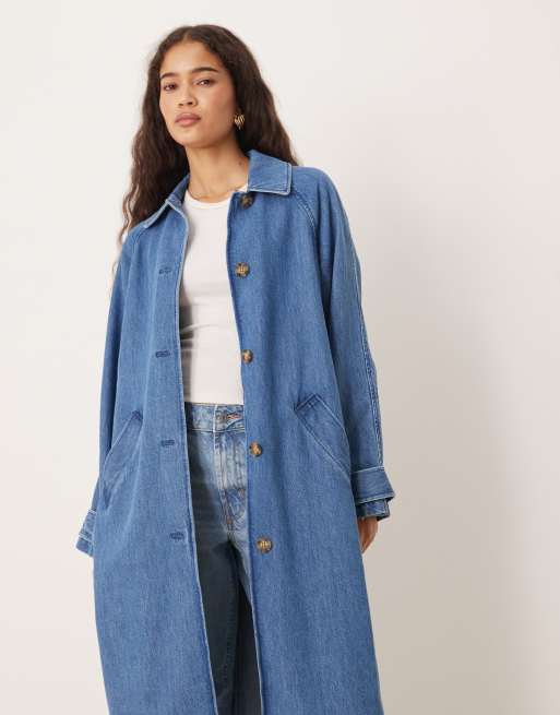 Nobody's Child longline denim collar trench coat in mid wash, 3 of 4