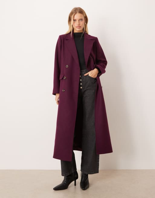 Nobody's Child longline double breasted wool blend coat in plum