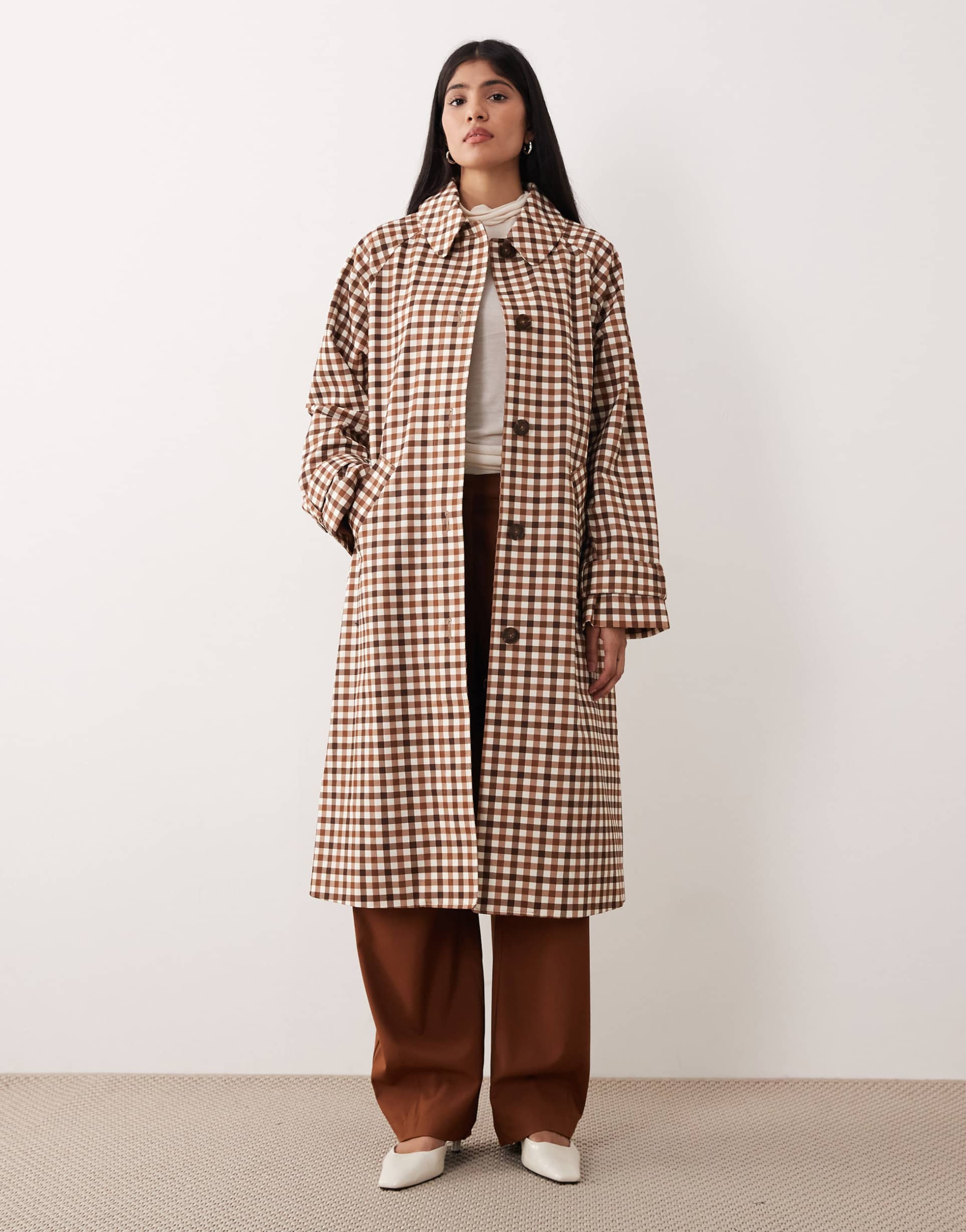 nobody's child longline trench car coat in brown gingham plaid