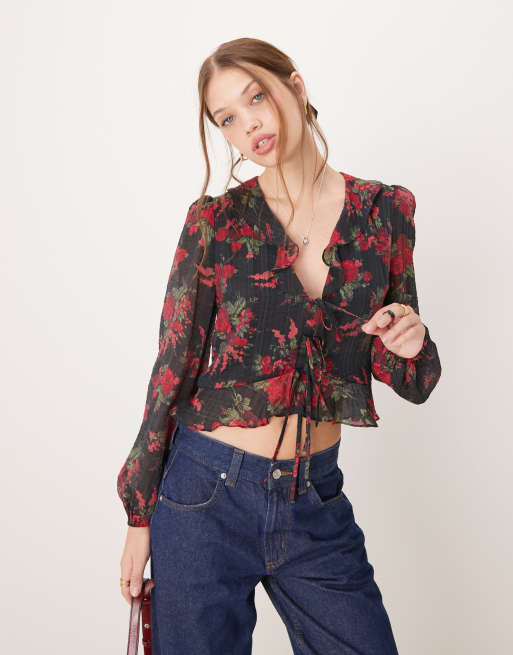 Nobody's Child - Lotus - Blusa nera con stampa a fiori e volant