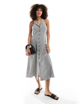 Lou Lou midaxi dress in mono gingham-Black