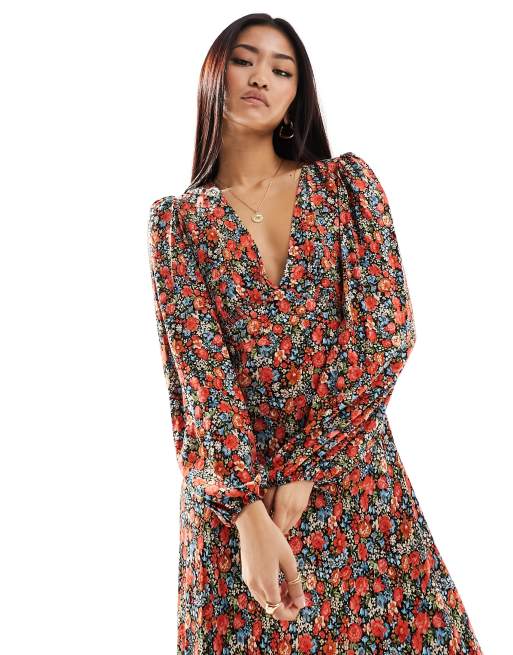 Nobody's Child - Lou - Midi-jurk met ballonmouwen en fijne rode bloemenprint