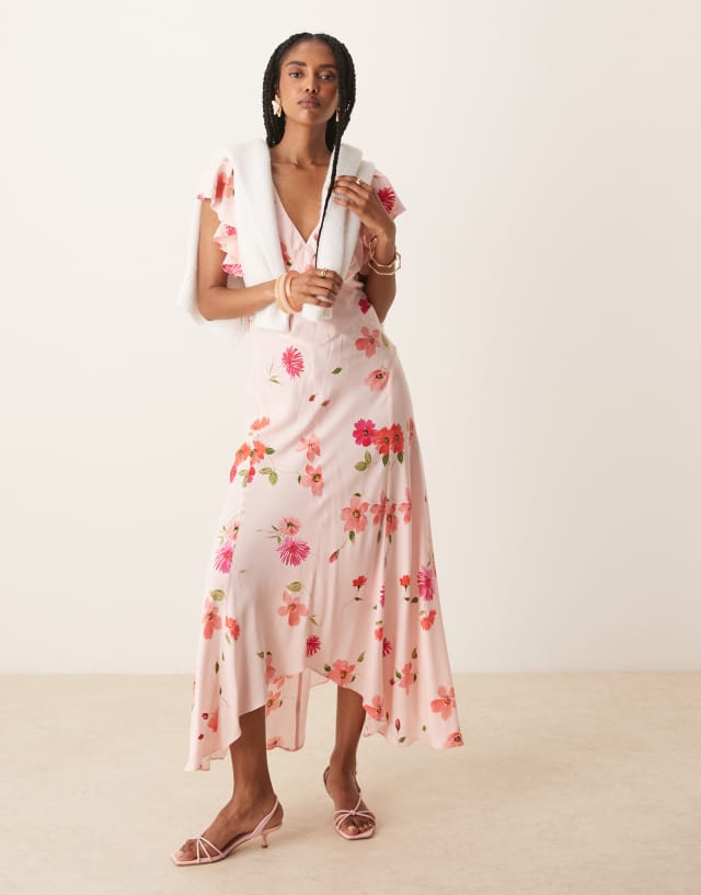 Nobody's Child Loubelle frill sleeve midi dress in pink floral | ASOS
