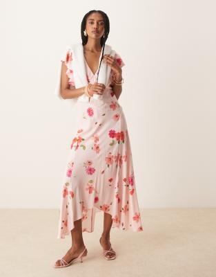 Loubelle - Robe mi-longue à imprimé fleuri et manches volantées - Rose 38