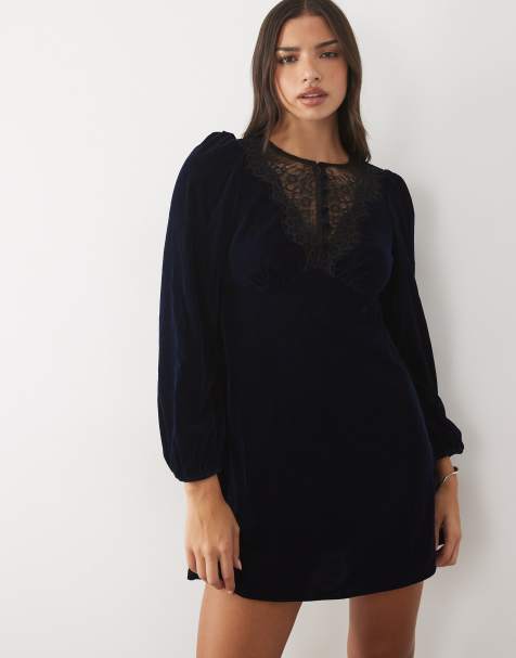 Nobody's Child Louisa velvet round neck puff sleeve lace collar detail mini dress in navy - view 1