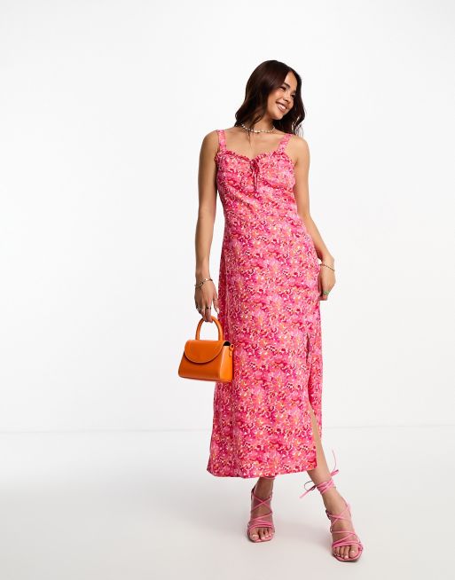 Nobody's Child - Lucia - Vestito midi rosa a fiori con spalline sottili