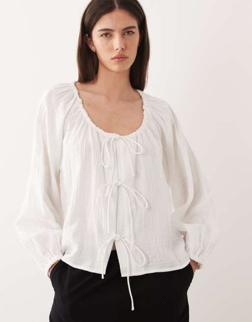 Nobody's Child Lumen cheesecloth scoop neck balloon sleeve bow