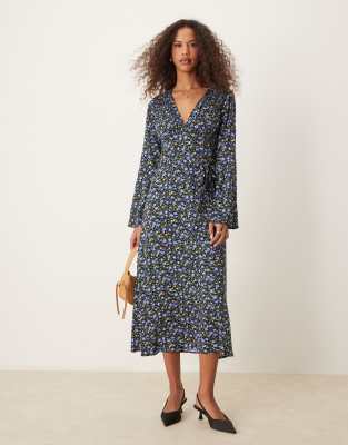 Lydia midi dress in blue 
yellow micro floral-Multi