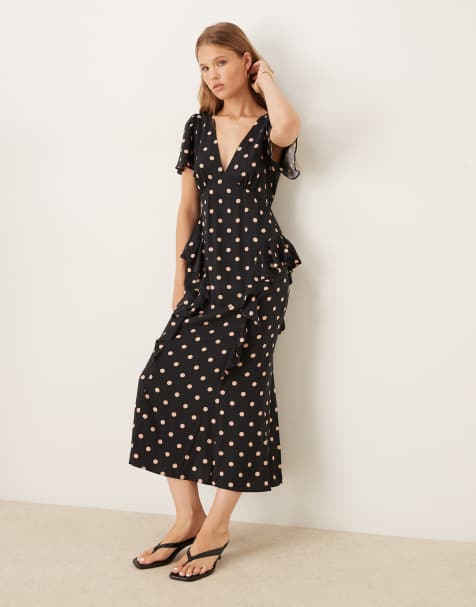 Nobody's Child Lyndsey ruffle detail midi dress in black spot - view 1