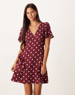Lyndsey ruffle detail mini dress in brown spot