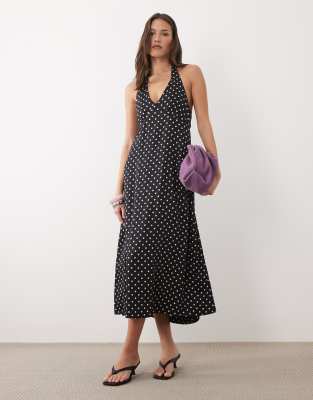 Nobody's Child Lynette halter neck midi dress in black polka dot