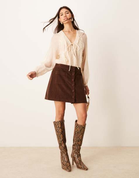 Nobody's Child Lyon cord mini skirt with button front in brown