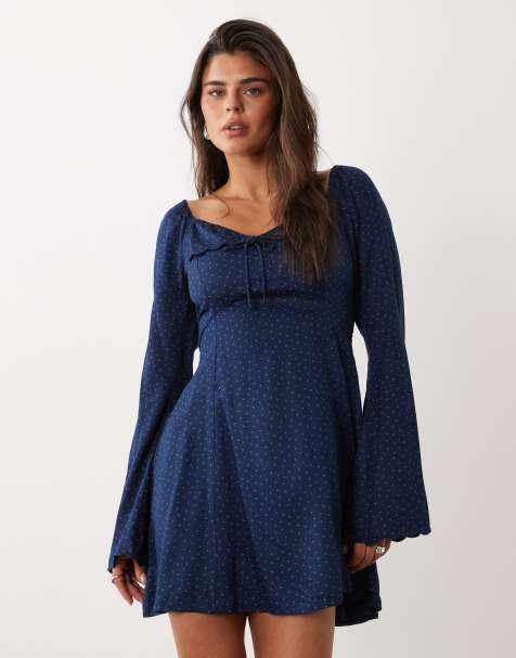 Nobody's Child Lyon satin sweetheart neck flare sleeve mini dress in blue polka dot - view 1