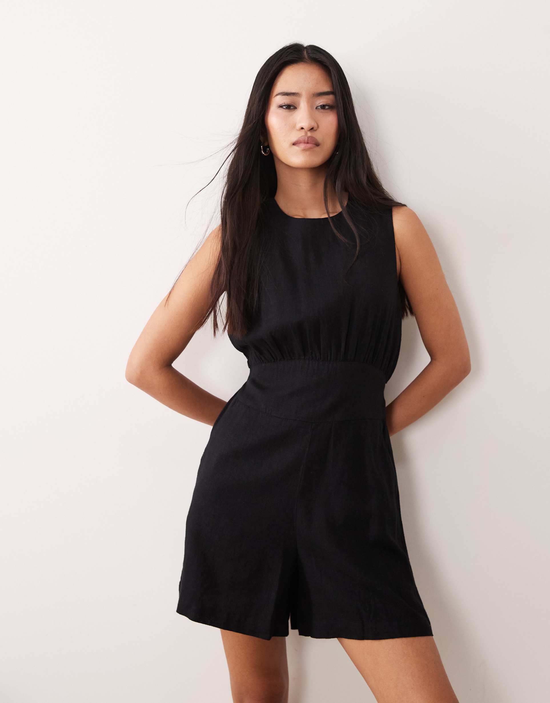 nobody's child macie linen rich sleeveless open back romper in black