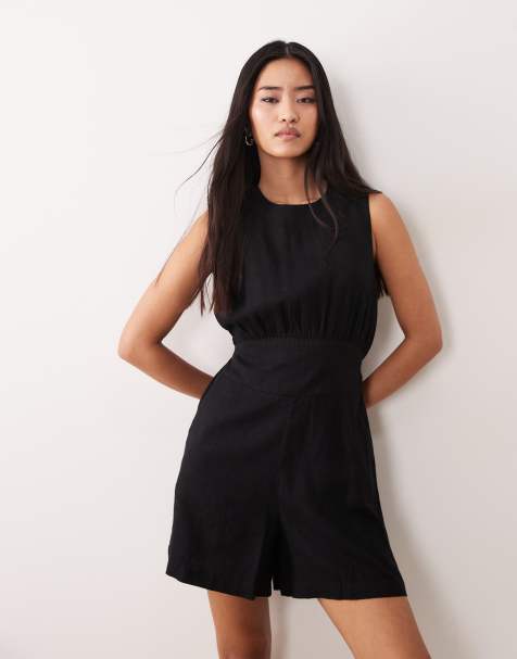 Nobody's Child - Macie - Sort ærmeløs playsuit i hørrigt stof med åben ryg - view 1